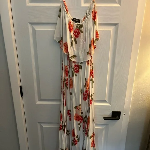aakaa floral maxi dress Floral Blue And White Midi Dress- Women's Belted Dress- AAKAA Dresses Juliana's Boutique